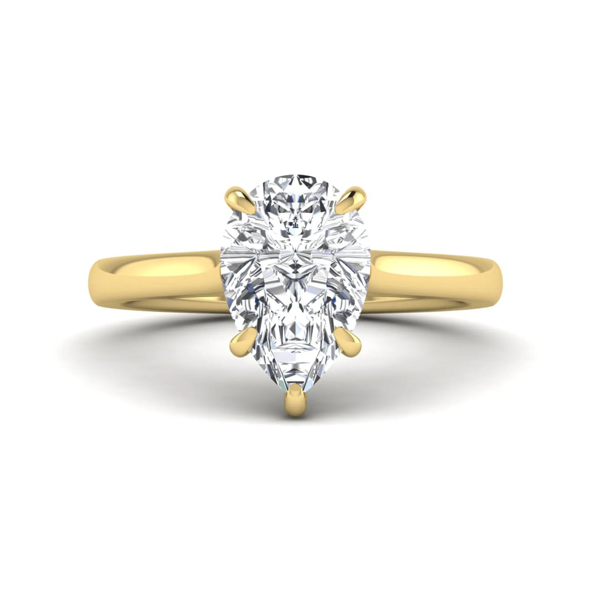 Pear lab grown diamond solitaire engagement ring featuring a 3.00 carat IGI certified pear cut diamond in a classic five-prong yellow gold setting.