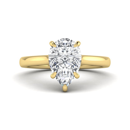 Pear lab grown diamond solitaire engagement ring featuring a 3.00 carat IGI certified pear cut diamond in a classic five-prong yellow gold setting.