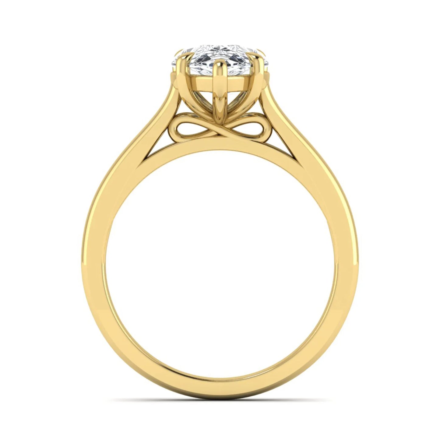 Pear lab grown diamond solitaire engagement ring featuring a 3.00 carat IGI certified pear cut diamond in a classic five-prong yellow gold setting.