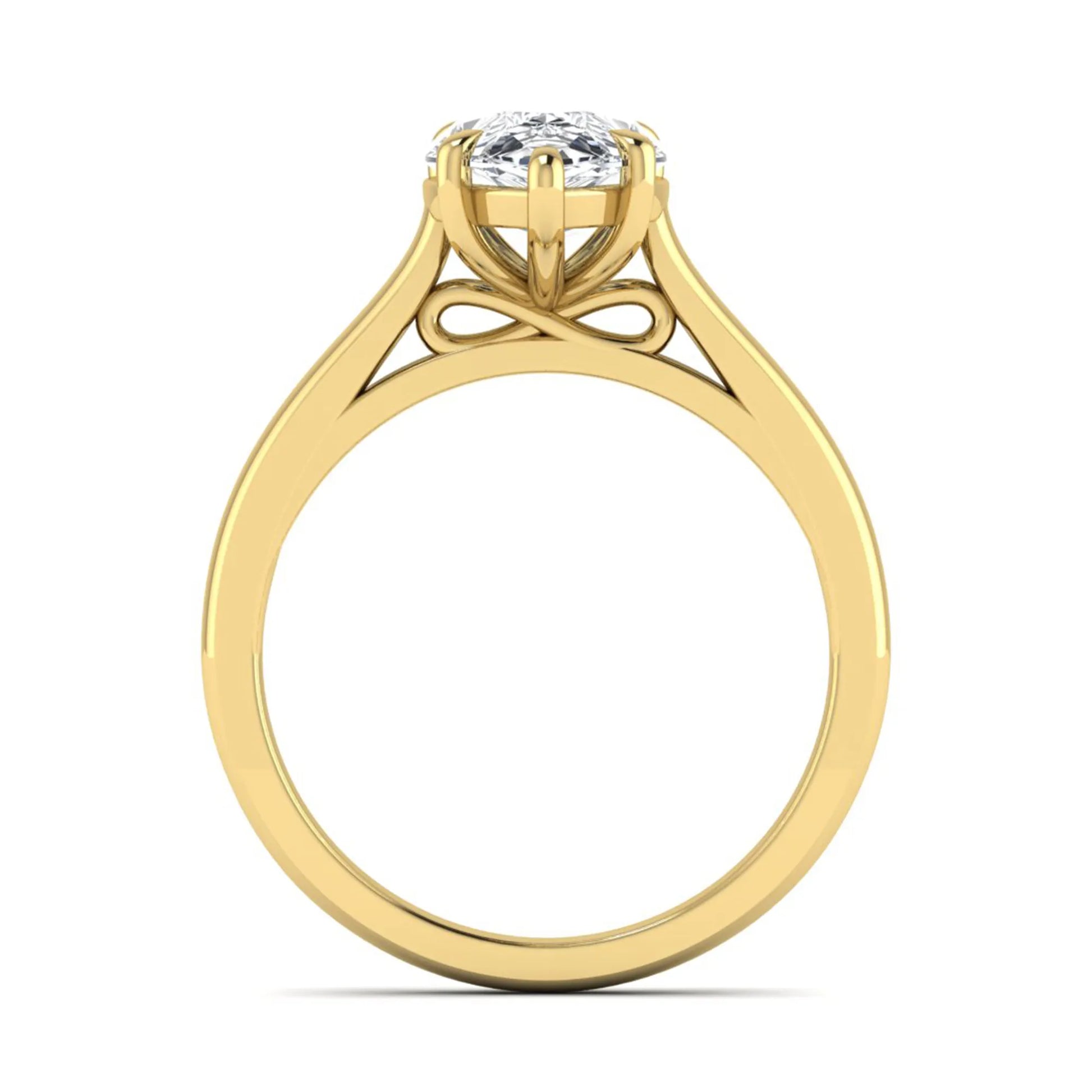 Pear lab grown diamond solitaire engagement ring featuring a 3.00 carat IGI certified pear cut diamond in a classic five-prong yellow gold setting.