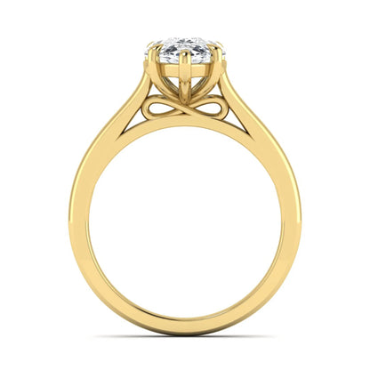 Pear lab grown diamond solitaire engagement ring featuring a 3.00 carat IGI certified pear cut diamond in a classic five-prong yellow gold setting.