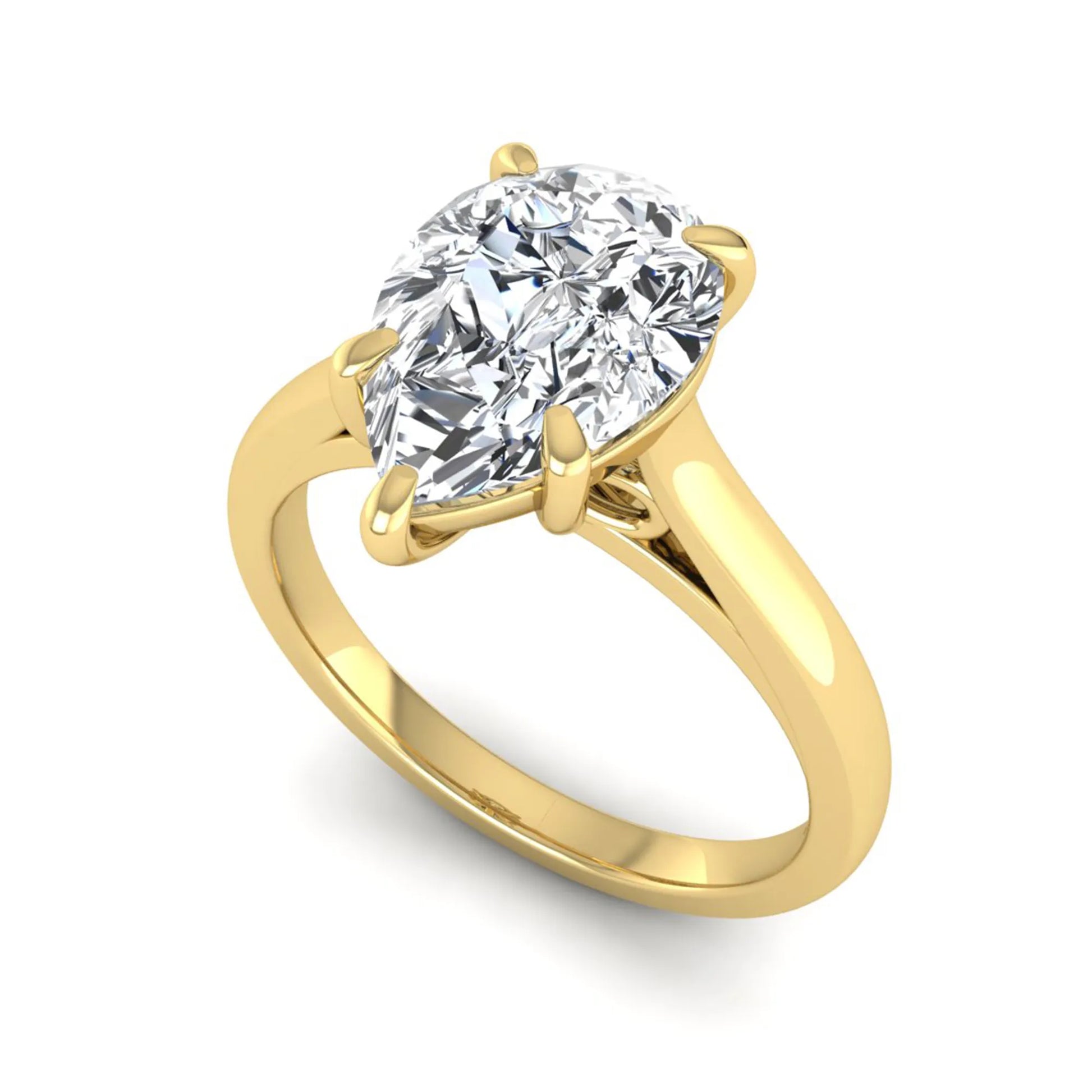 Pear lab grown diamond solitaire engagement ring featuring a 3.00 carat IGI certified pear cut diamond in a classic five-prong yellow gold setting.