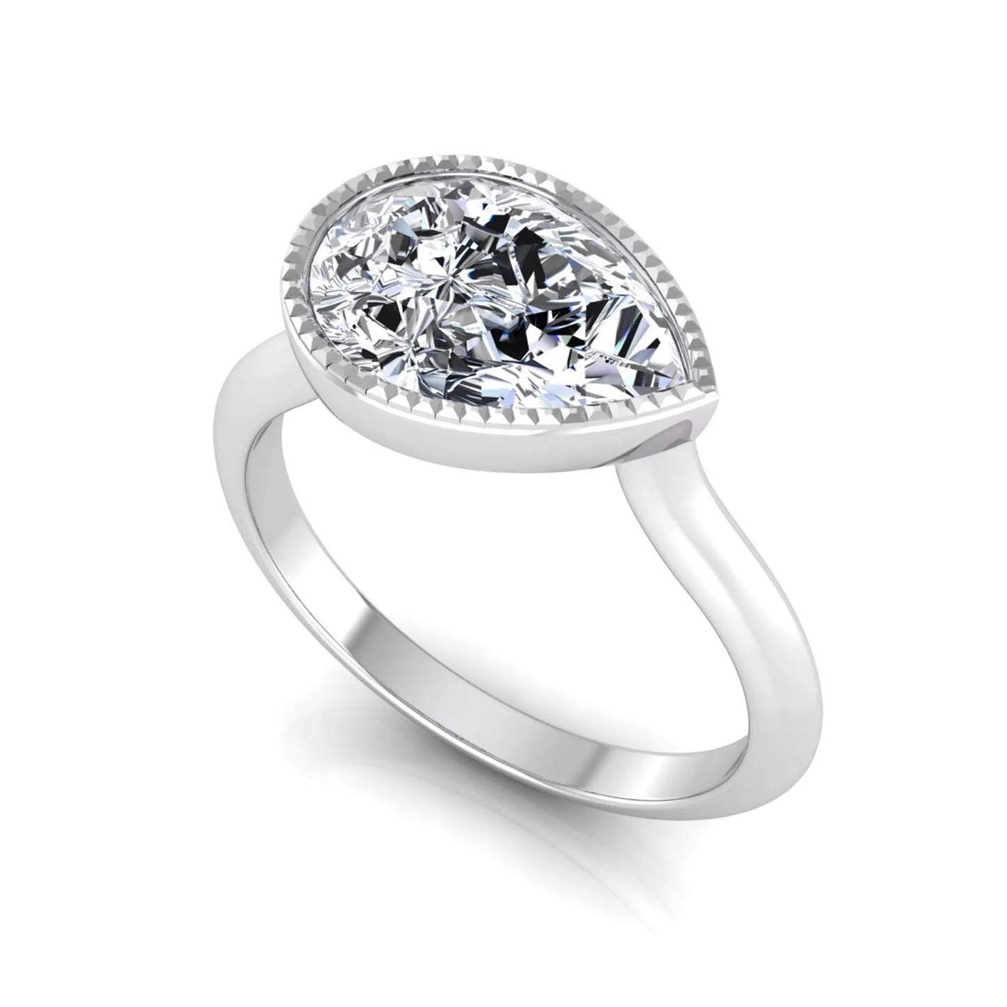 Pear cut lab grown diamond solitaire engagement ring featuring a milgrain bezel setting with a white gold tone band.