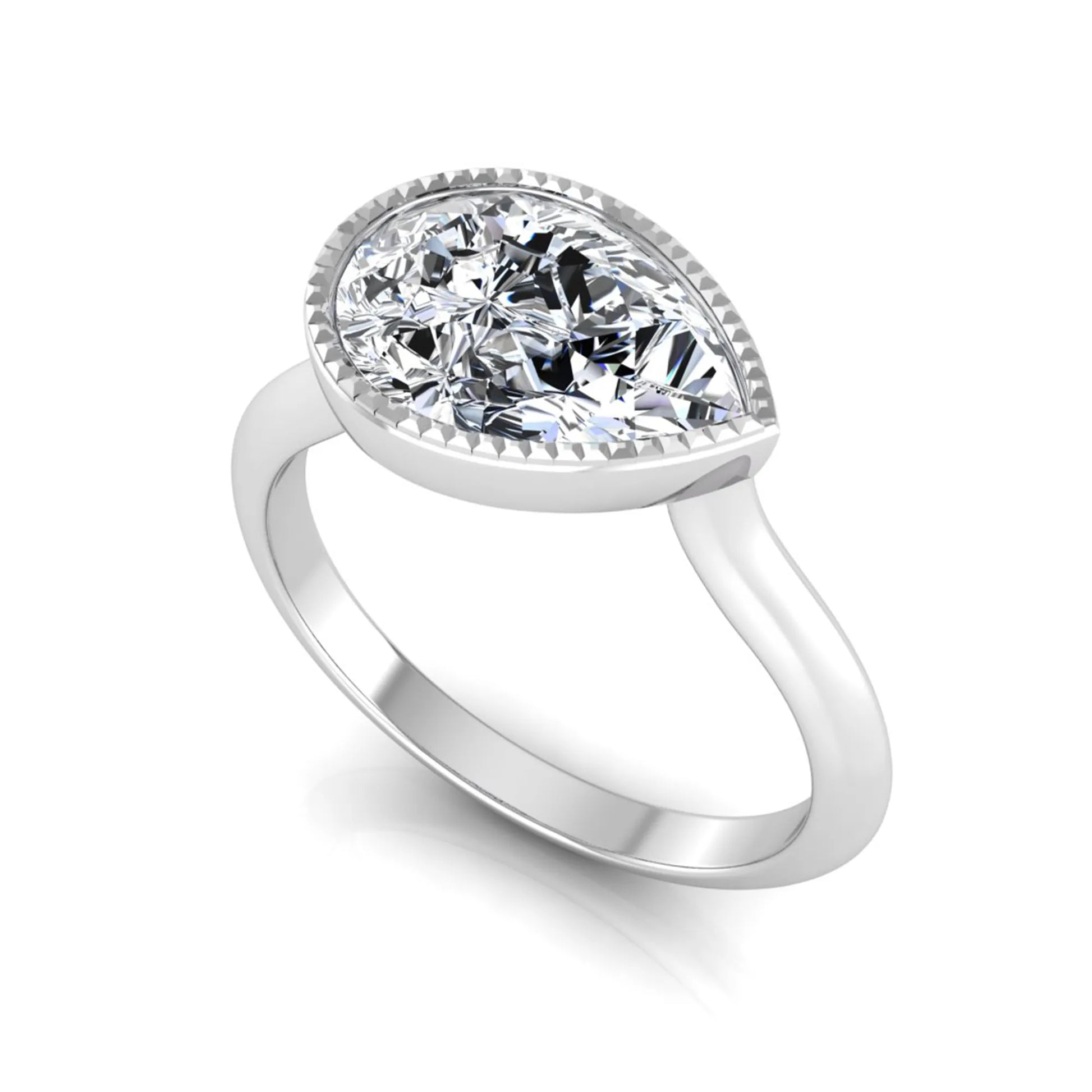 Pear cut lab grown diamond solitaire engagement ring featuring a milgrain bezel setting with a white gold tone band.