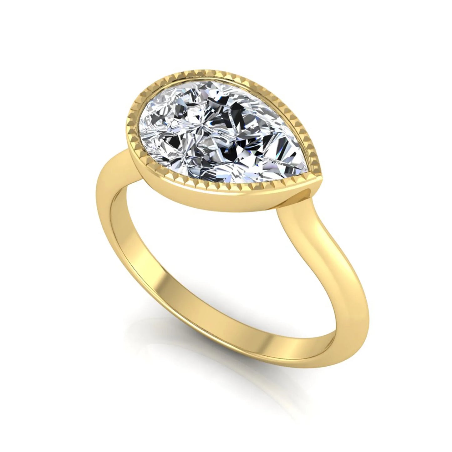 Pear cut lab grown diamond solitaire engagement ring featuring a milgrain bezel setting with a yellow gold tone band.