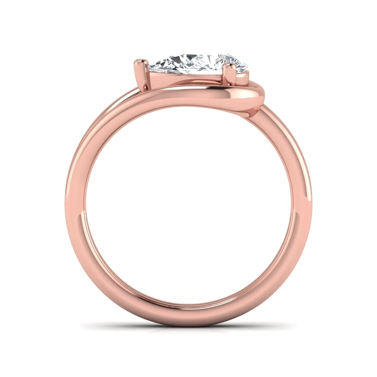 Pear cut lab grown diamond open frame solitaire engagement ring in a rose gold teardrop setting