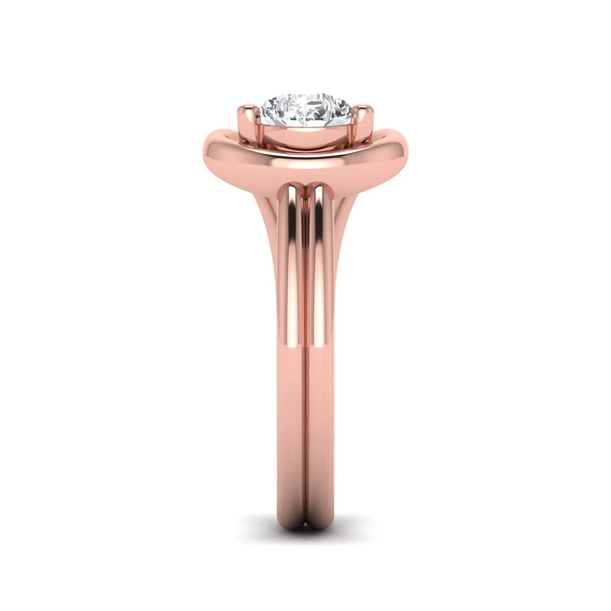 Pear cut lab grown diamond open frame solitaire engagement ring in a rose gold teardrop setting