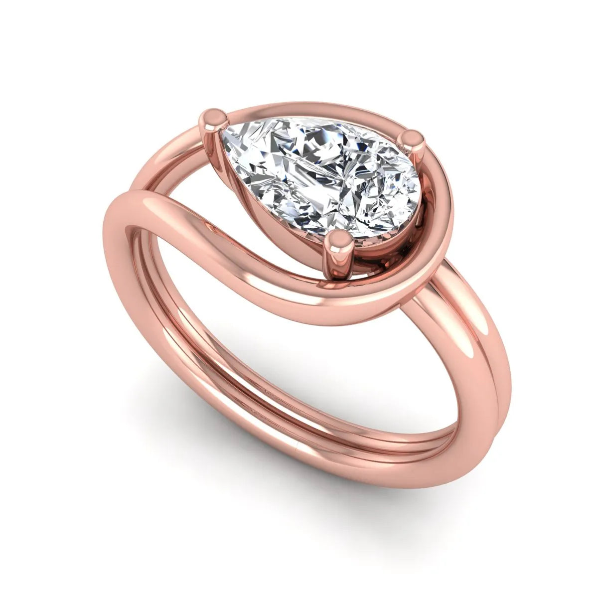 Pear cut lab grown diamond open frame solitaire engagement ring in a rose gold teardrop setting