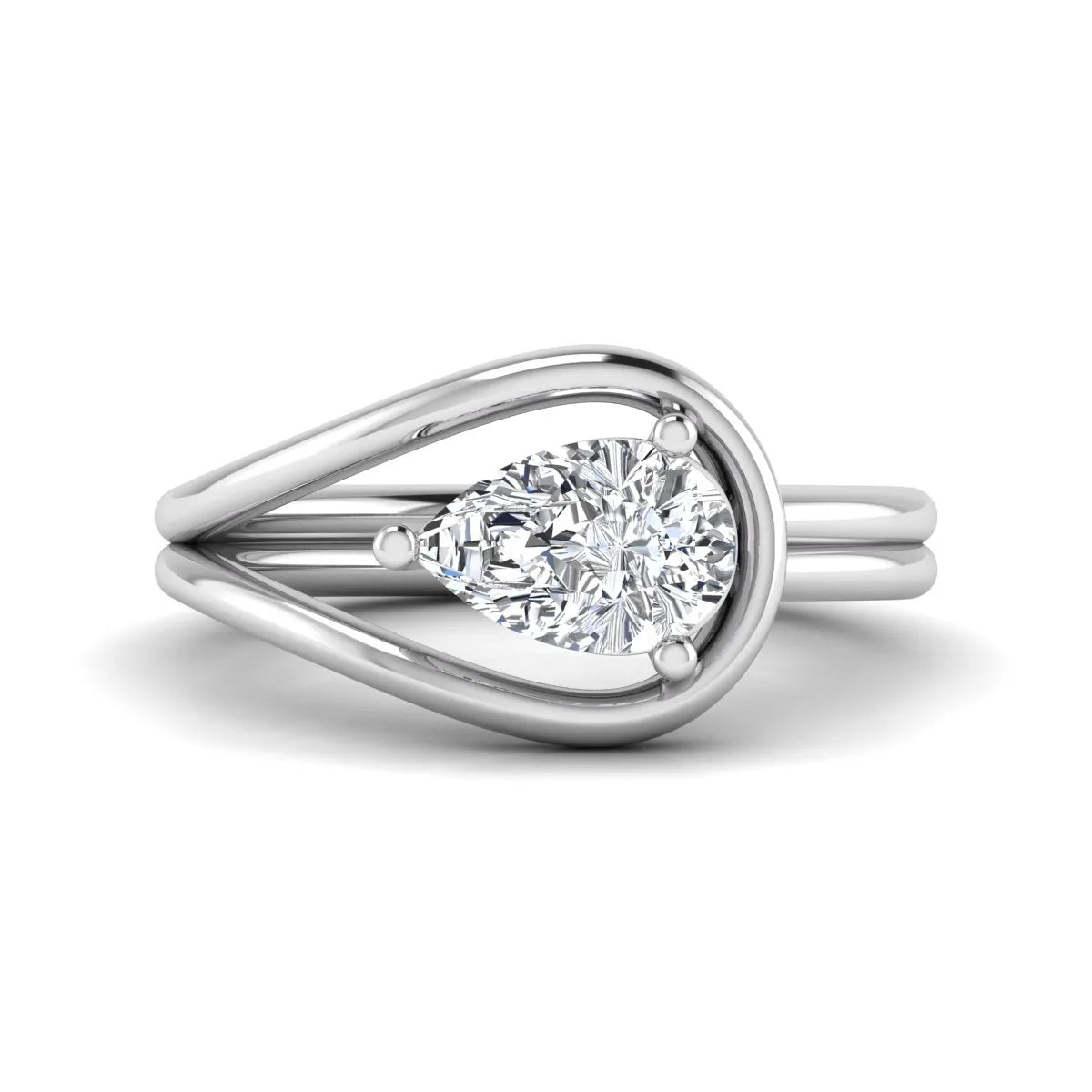 Pear cut lab grown diamond open frame solitaire engagement ring in a white gold teardrop setting