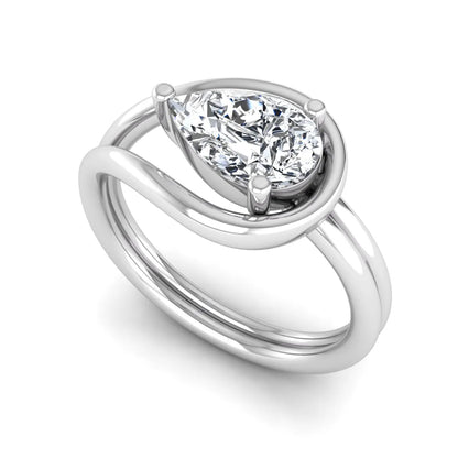 Pear cut lab grown diamond open frame solitaire engagement ring in a white gold teardrop setting