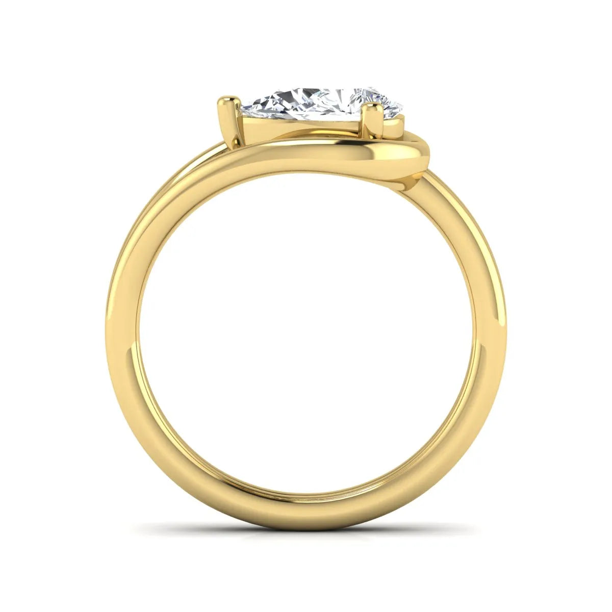 Pear cut lab grown diamond open frame solitaire engagement ring in a yellow gold teardrop setting