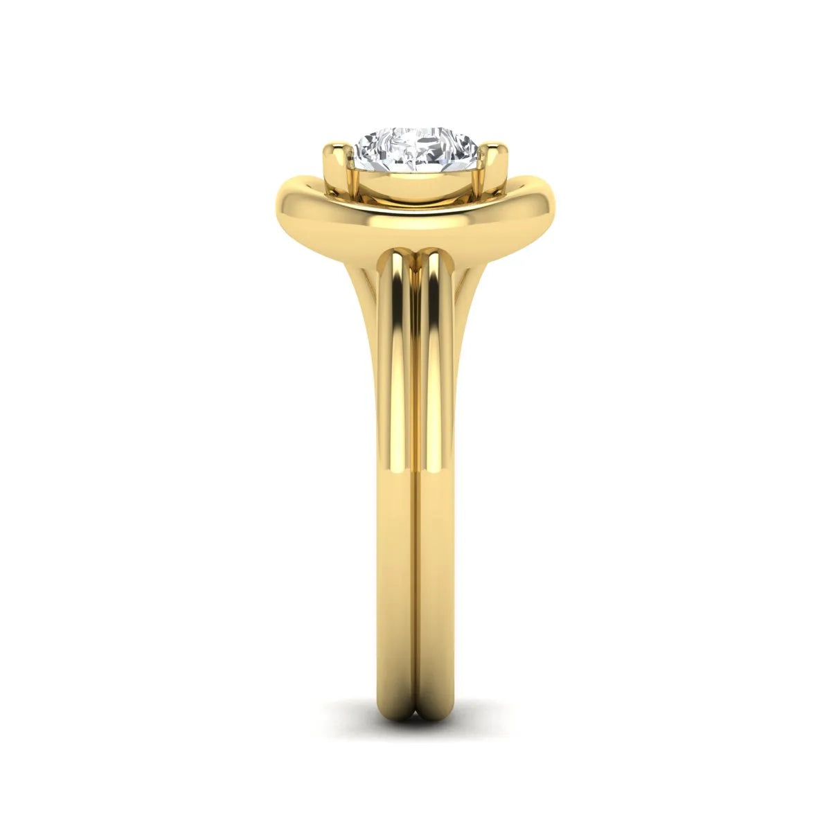Pear cut lab grown diamond open frame solitaire engagement ring in a yellow gold teardrop setting