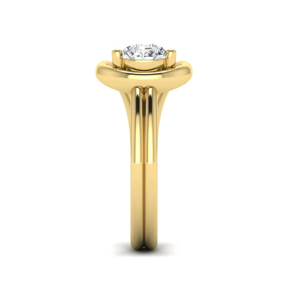Pear cut lab grown diamond open frame solitaire engagement ring in a yellow gold teardrop setting