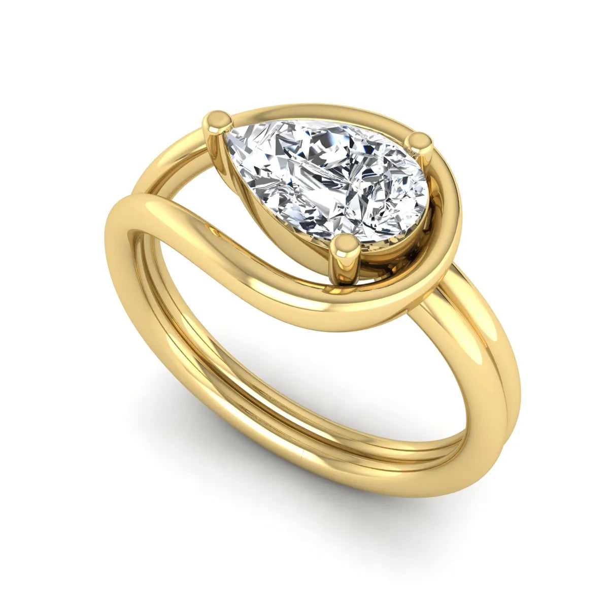 Pear cut lab grown diamond open frame solitaire engagement ring in a yellow gold teardrop setting