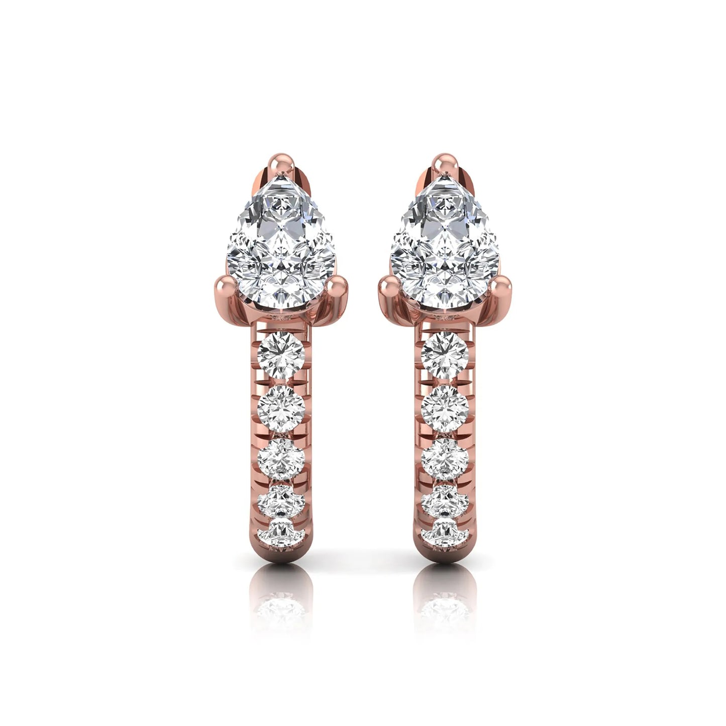 Pear cut lab grown diamond huggie hoop earrings featuring a three prong basket set center diamond with round brilliant pavé diamonds on a rose gold hinged hoop.