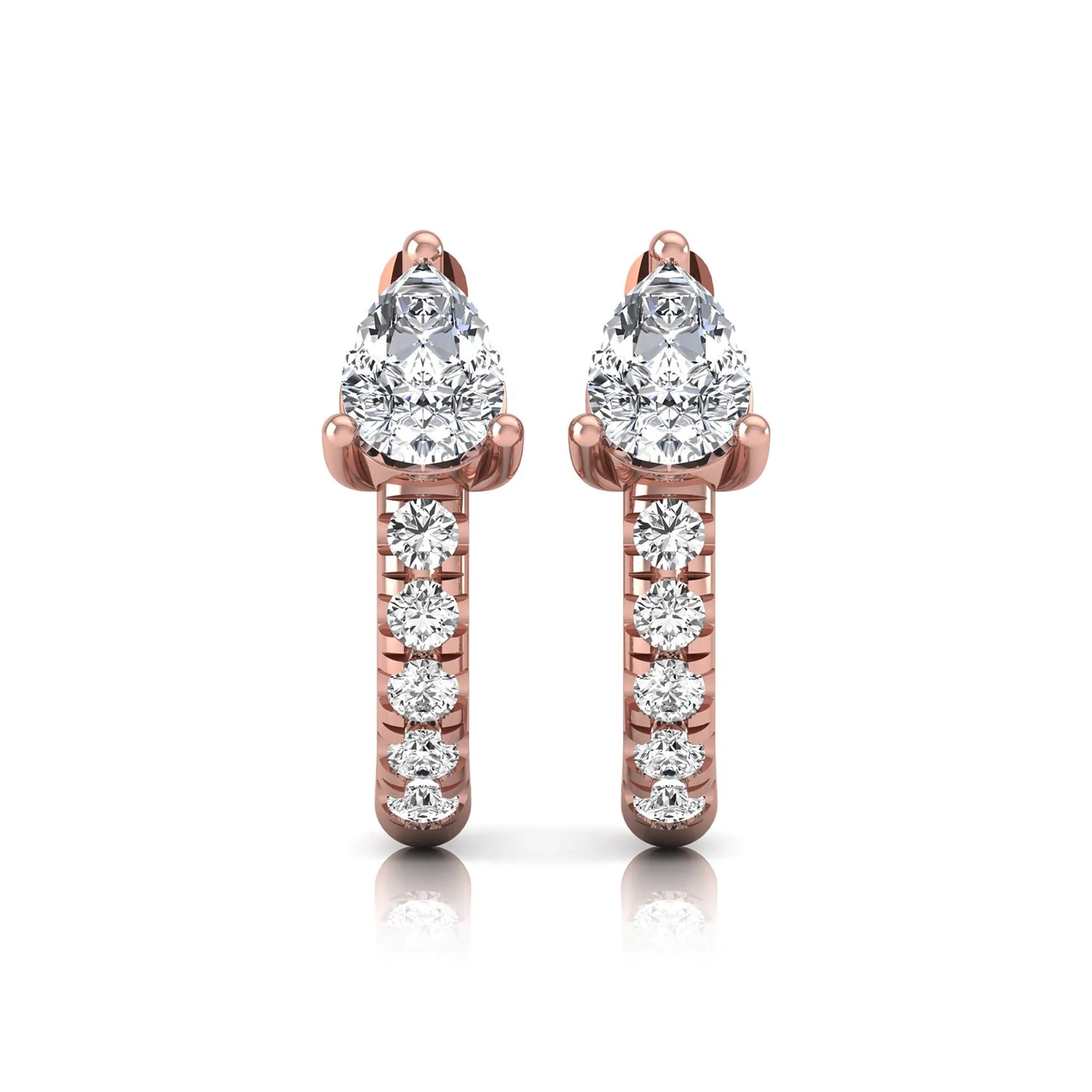 Pear cut lab grown diamond huggie hoop earrings featuring a three prong basket set center diamond with round brilliant pavé diamonds on a rose gold hinged hoop.