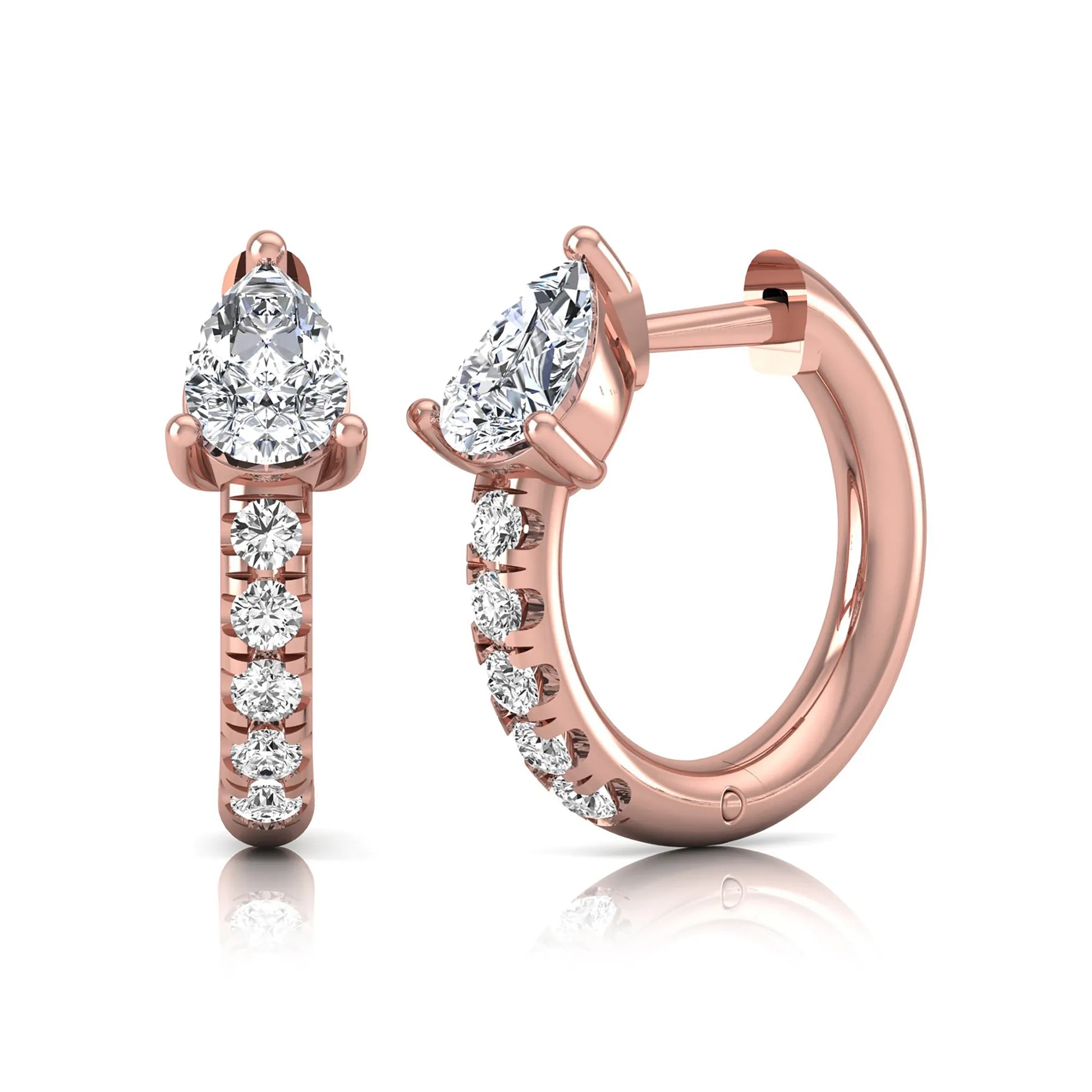 Pear cut lab grown diamond huggie hoop earrings featuring a three prong basket set center diamond with round brilliant pavé diamonds on a rose gold hinged hoop.