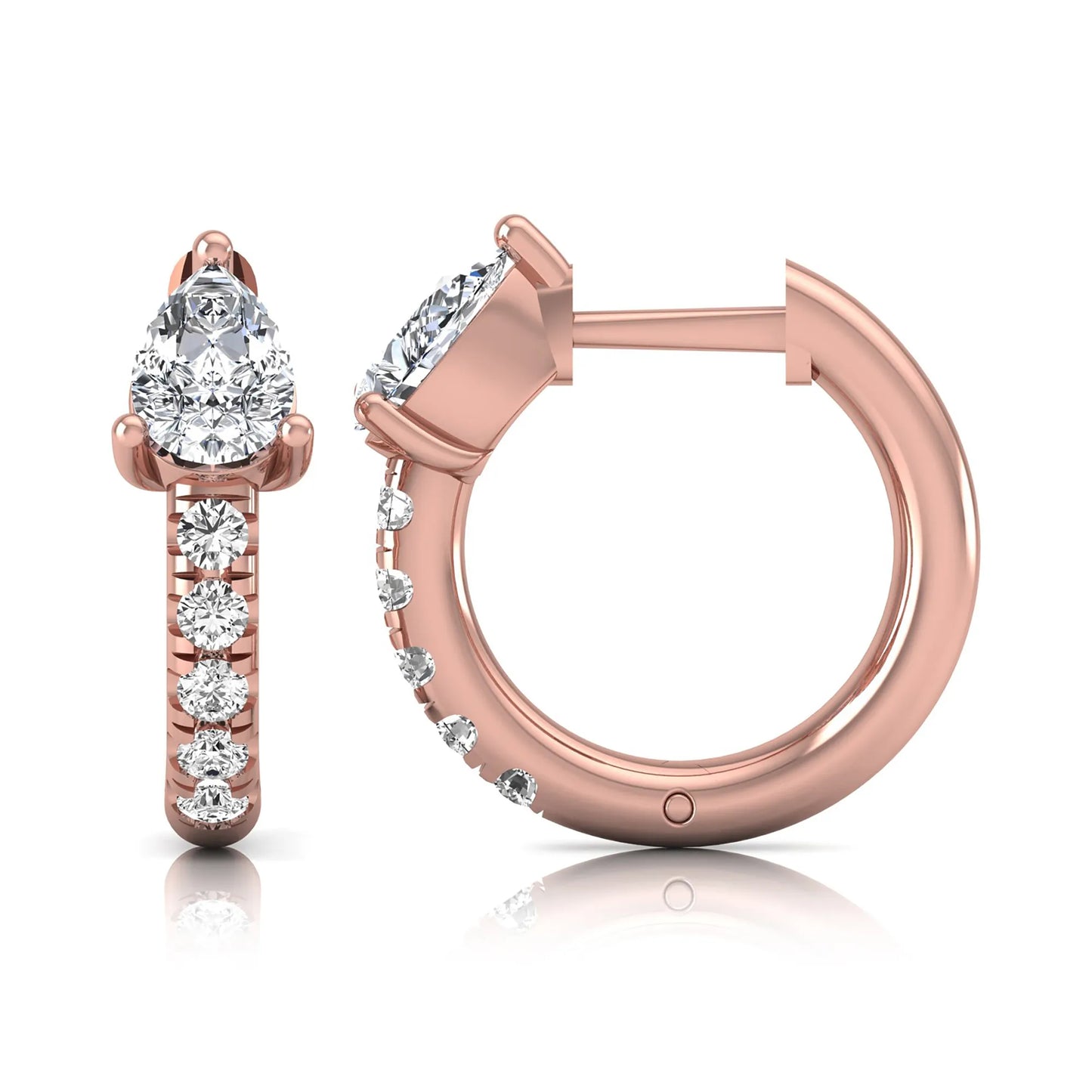Pear cut lab grown diamond huggie hoop earrings featuring a three prong basket set center diamond with round brilliant pavé diamonds on a rose gold hinged hoop.