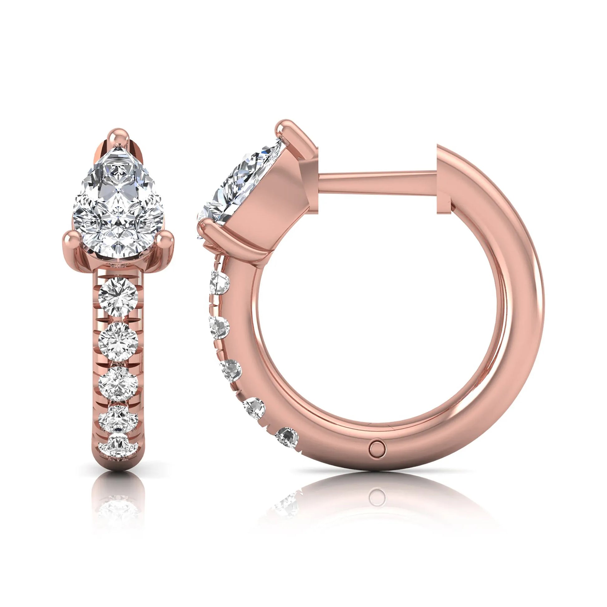 Pear cut lab grown diamond huggie hoop earrings featuring a three prong basket set center diamond with round brilliant pavé diamonds on a rose gold hinged hoop.