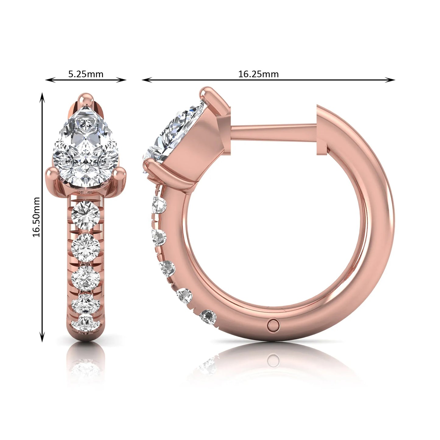 Pear cut lab grown diamond huggie hoop earrings featuring a three prong basket set center diamond with round brilliant pavé diamonds on a rose gold hinged hoop.
