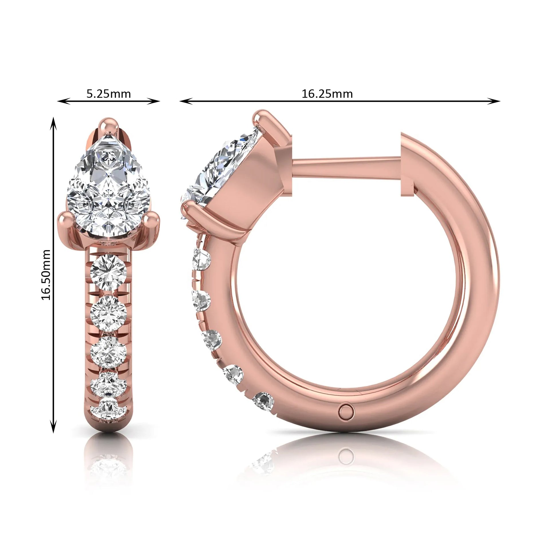 Pear cut lab grown diamond huggie hoop earrings featuring a three prong basket set center diamond with round brilliant pavé diamonds on a rose gold hinged hoop.