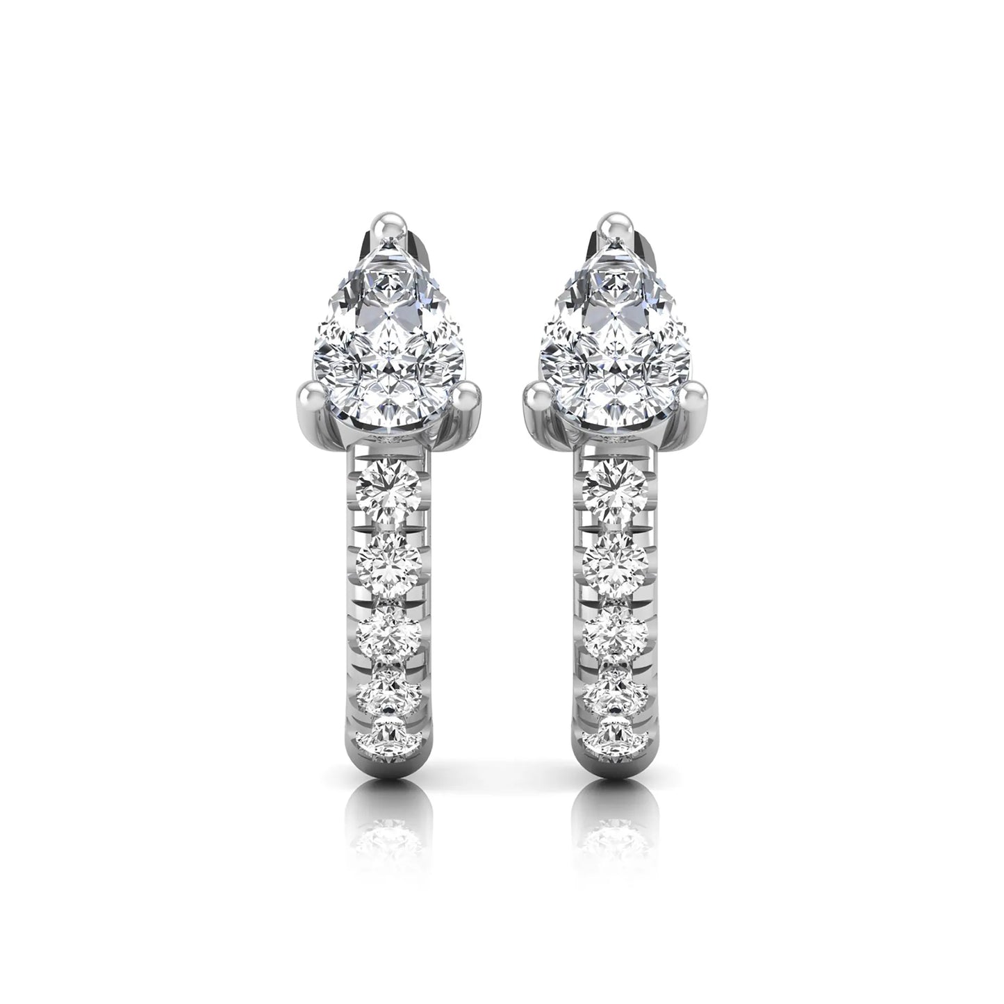 Pear cut lab grown diamond huggie hoop earrings featuring a three prong basket set center diamond with round brilliant pavé diamonds on a white gold hinged hoop.