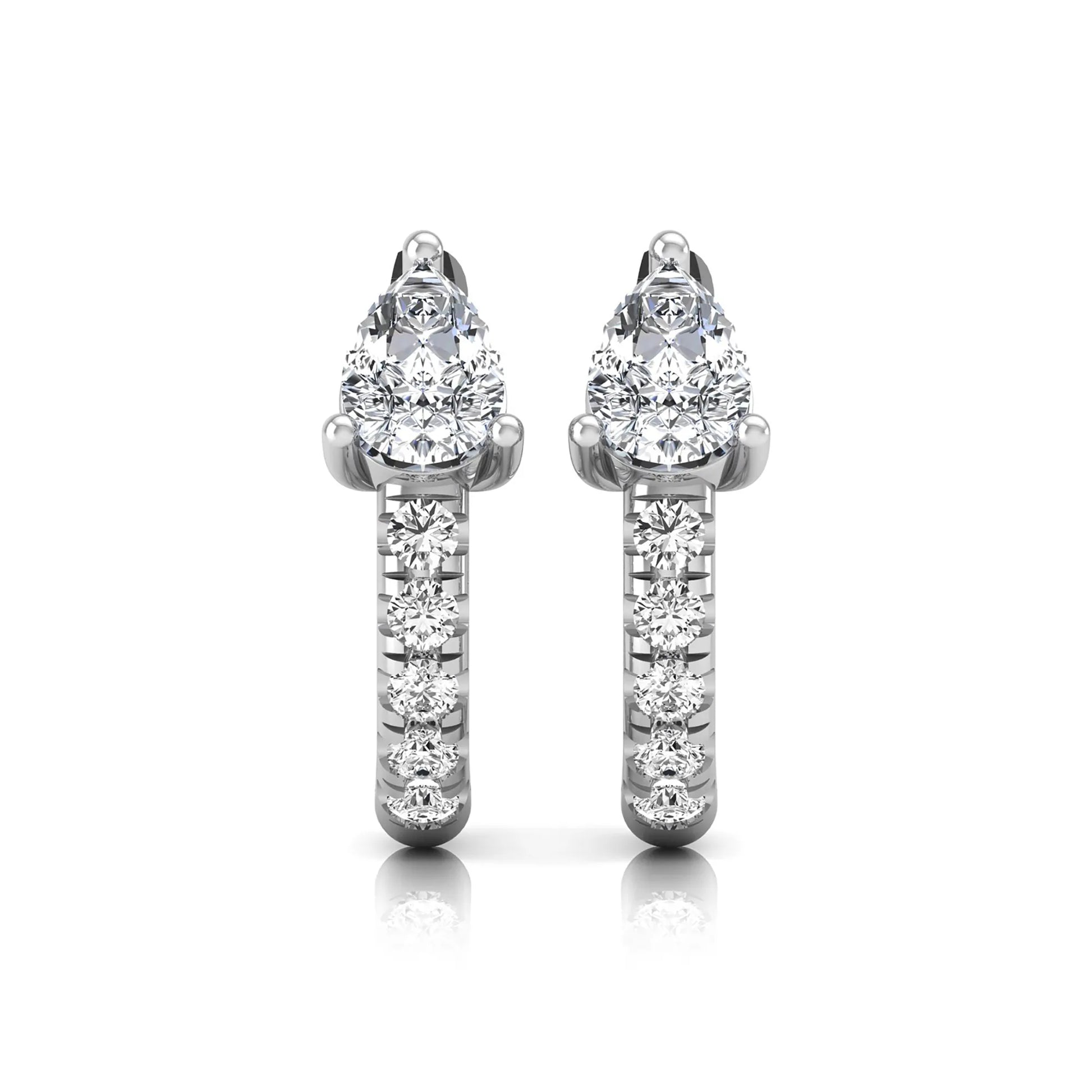 Pear cut lab grown diamond huggie hoop earrings featuring a three prong basket set center diamond with round brilliant pavé diamonds on a white gold hinged hoop.