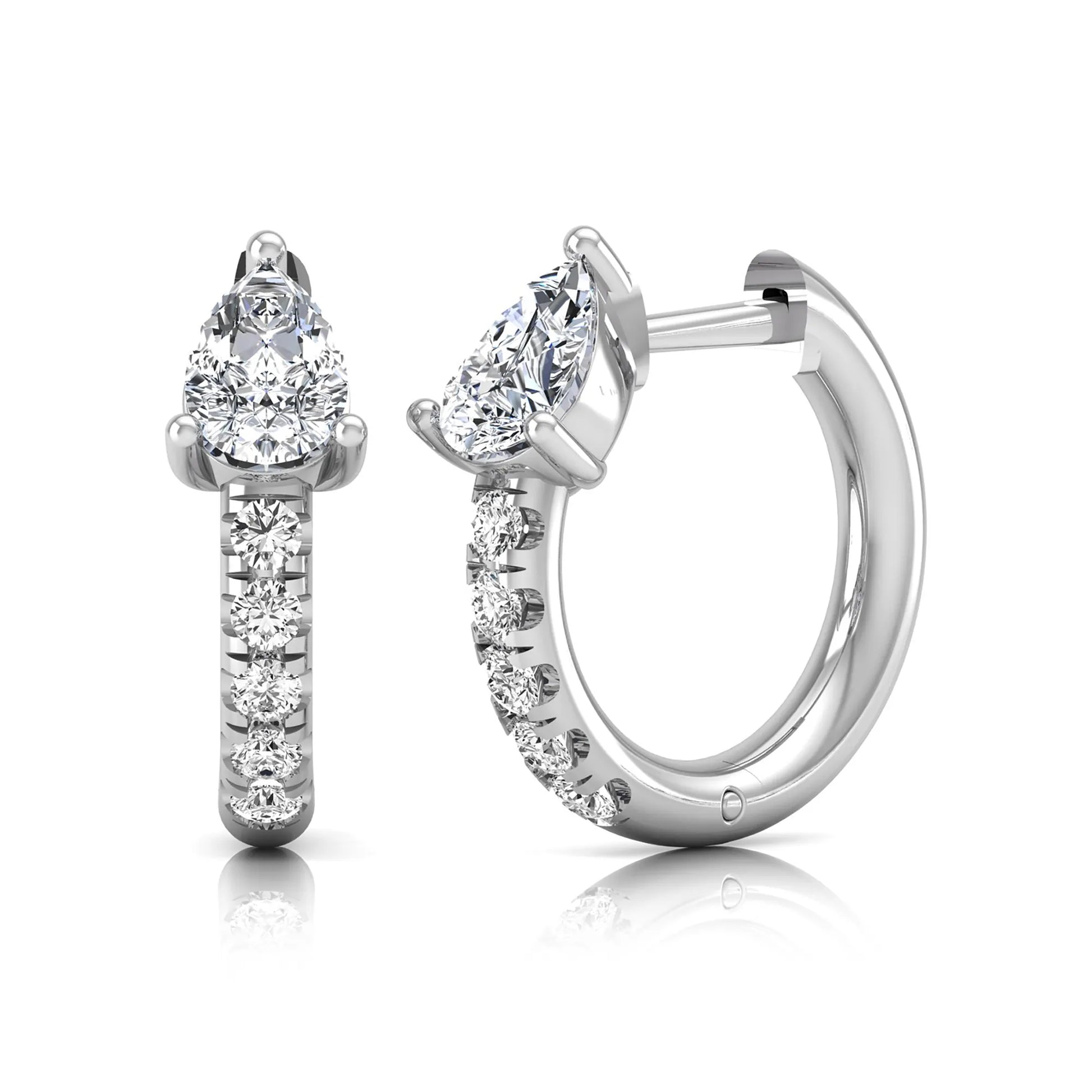 Pear cut lab grown diamond huggie hoop earrings featuring a three prong basket set center diamond with round brilliant pavé diamonds on a white gold hinged hoop.
