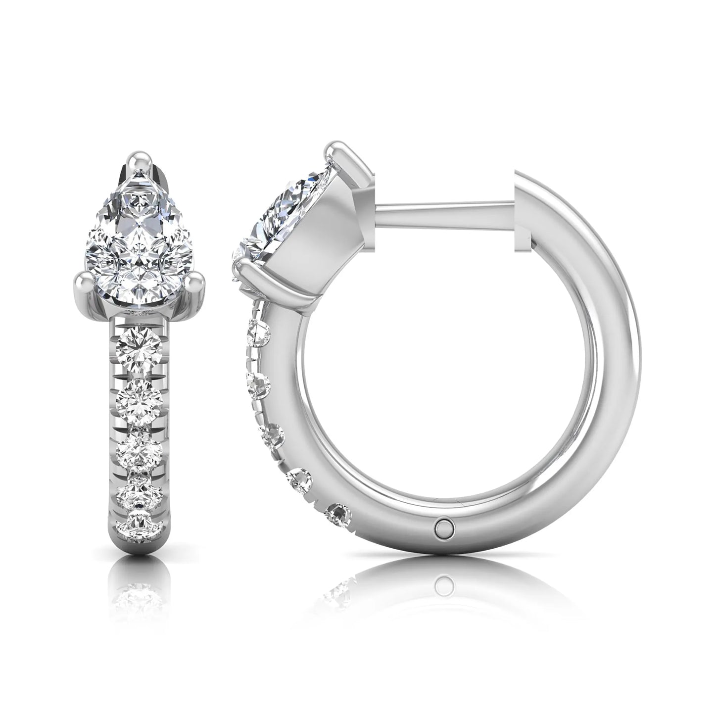 Pear cut lab grown diamond huggie hoop earrings featuring a three prong basket set center diamond with round brilliant pavé diamonds on a white gold hinged hoop.