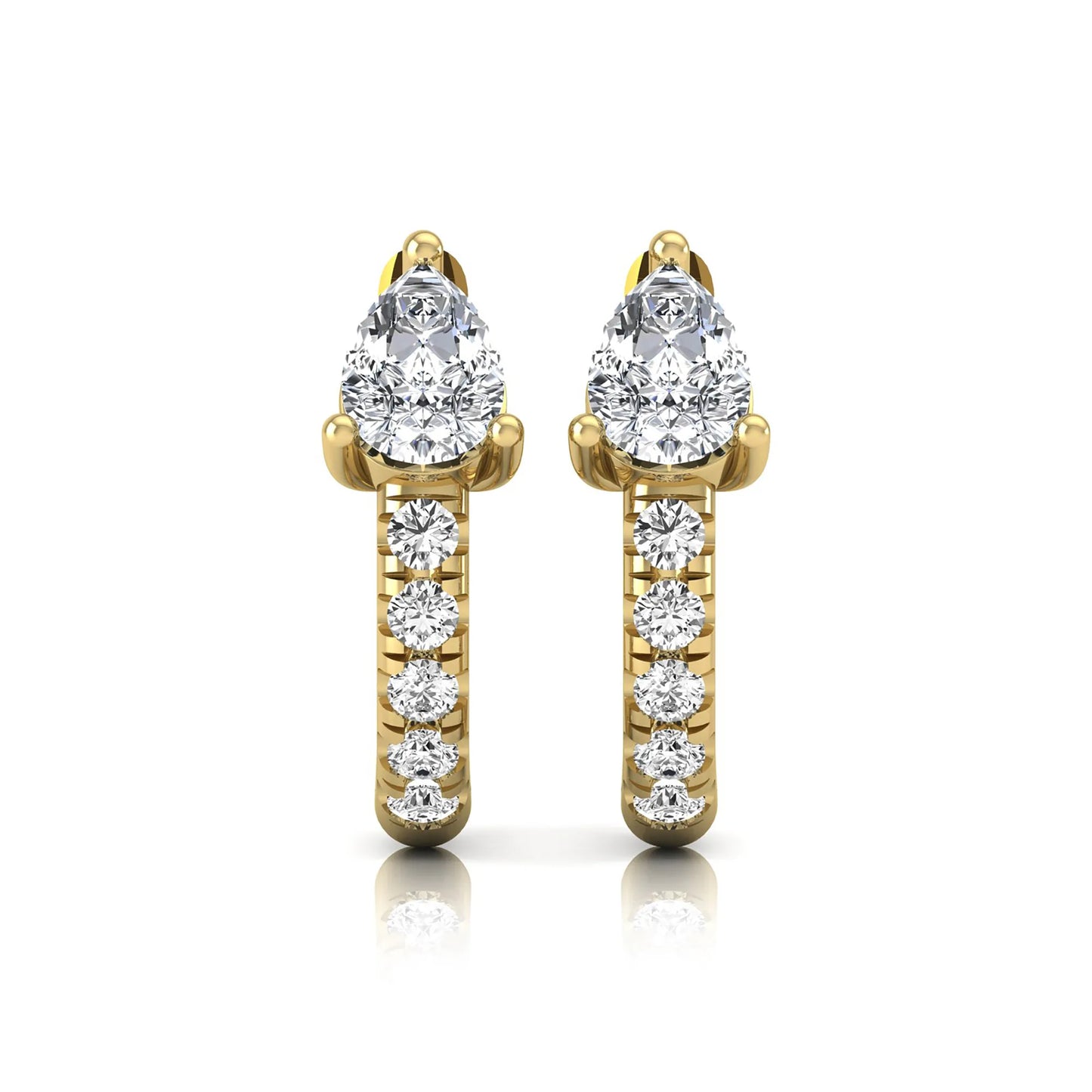 Pear cut lab grown diamond huggie hoop earrings featuring a three prong basket set center diamond with round brilliant pavé diamonds on a yellow gold hinged hoop.
