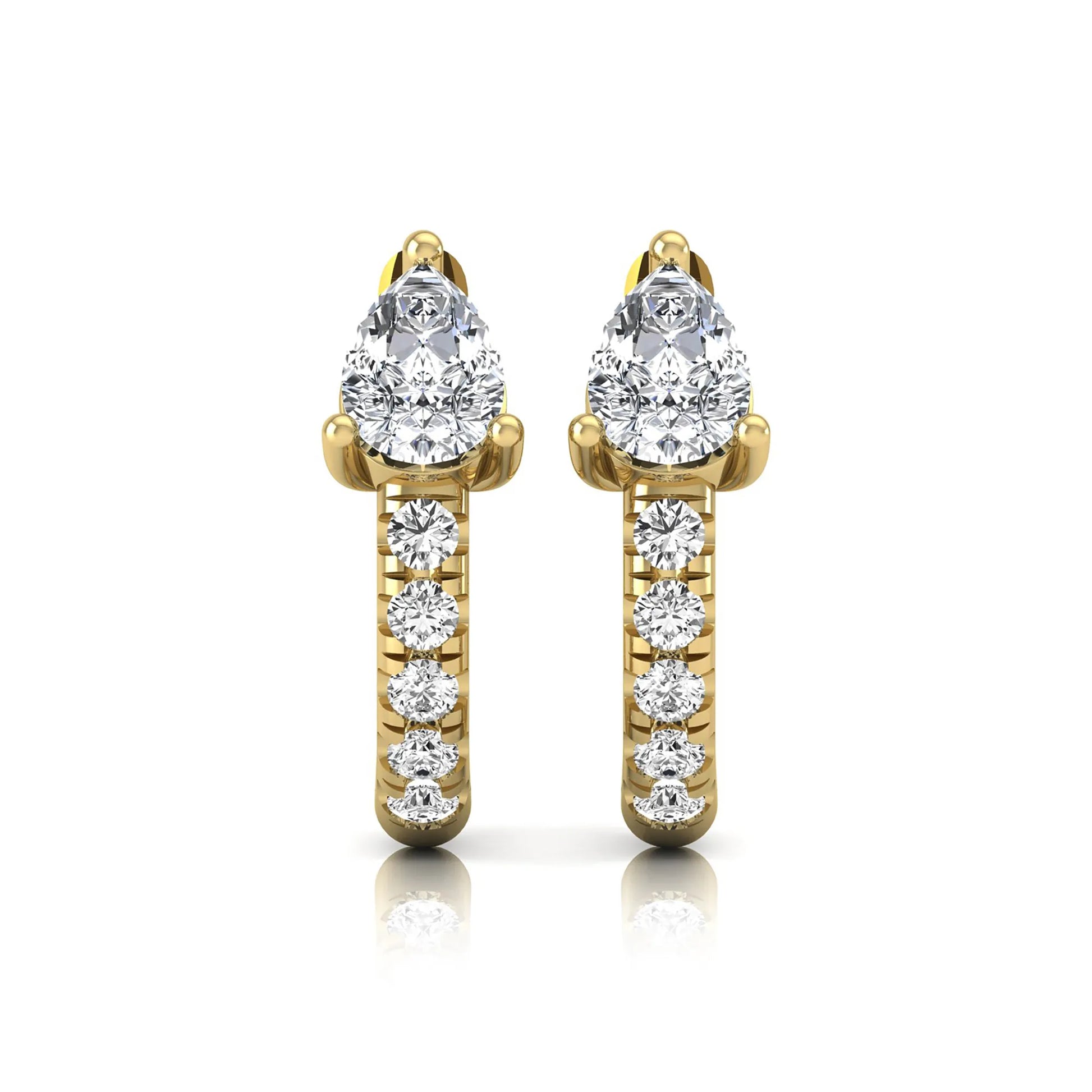Pear cut lab grown diamond huggie hoop earrings featuring a three prong basket set center diamond with round brilliant pavé diamonds on a yellow gold hinged hoop.