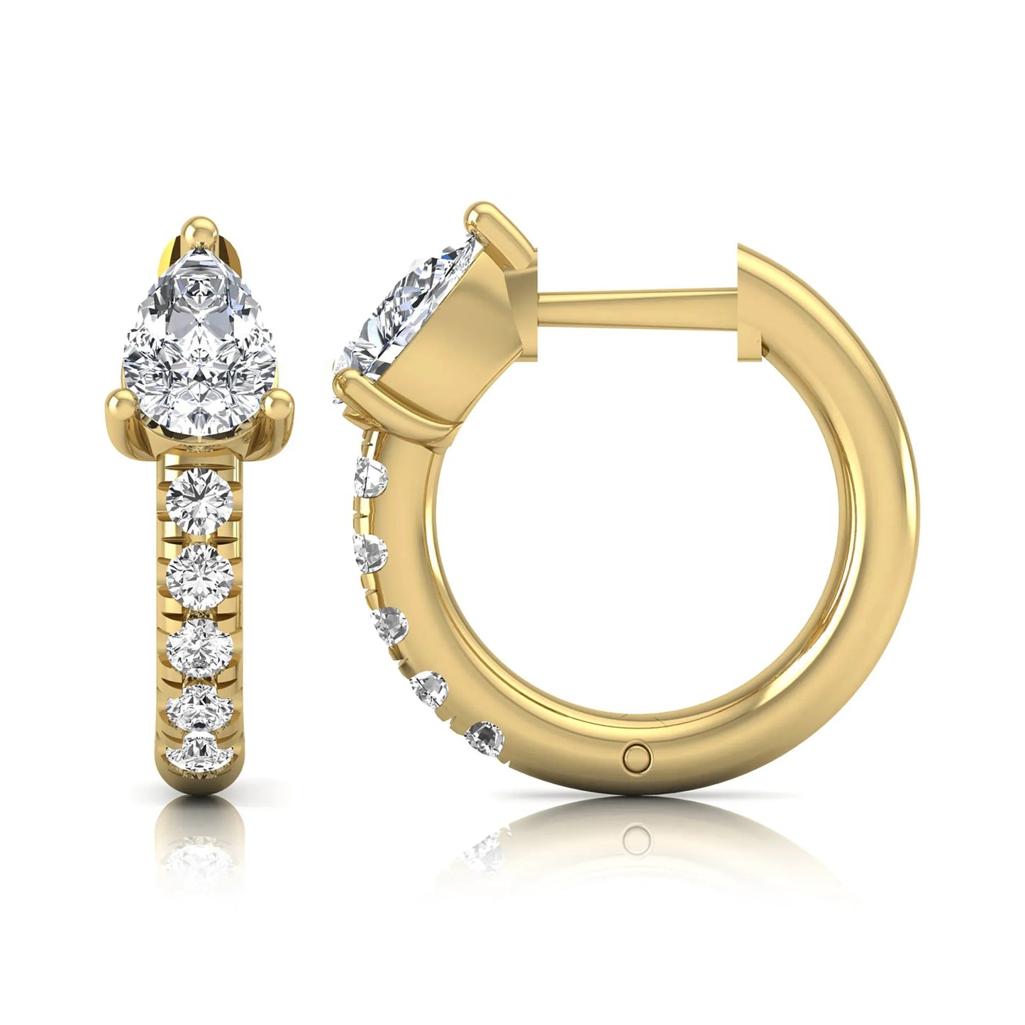 Pear cut lab grown diamond huggie hoop earrings featuring a three prong basket set center diamond with round brilliant pavé diamonds on a yellow gold hinged hoop.