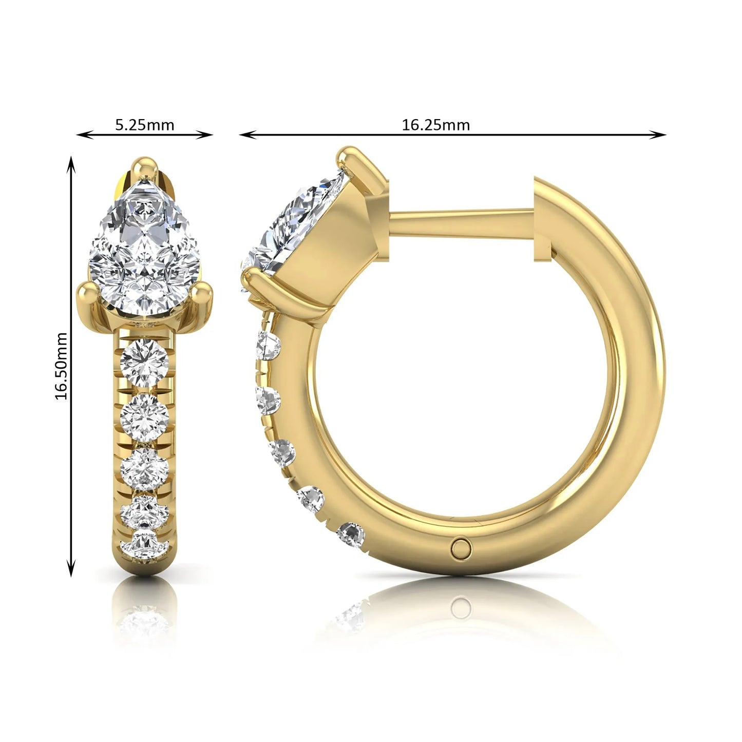 Pear cut lab grown diamond huggie hoop earrings featuring a three prong basket set center diamond with round brilliant pavé diamonds on a yellow gold hinged hoop.
