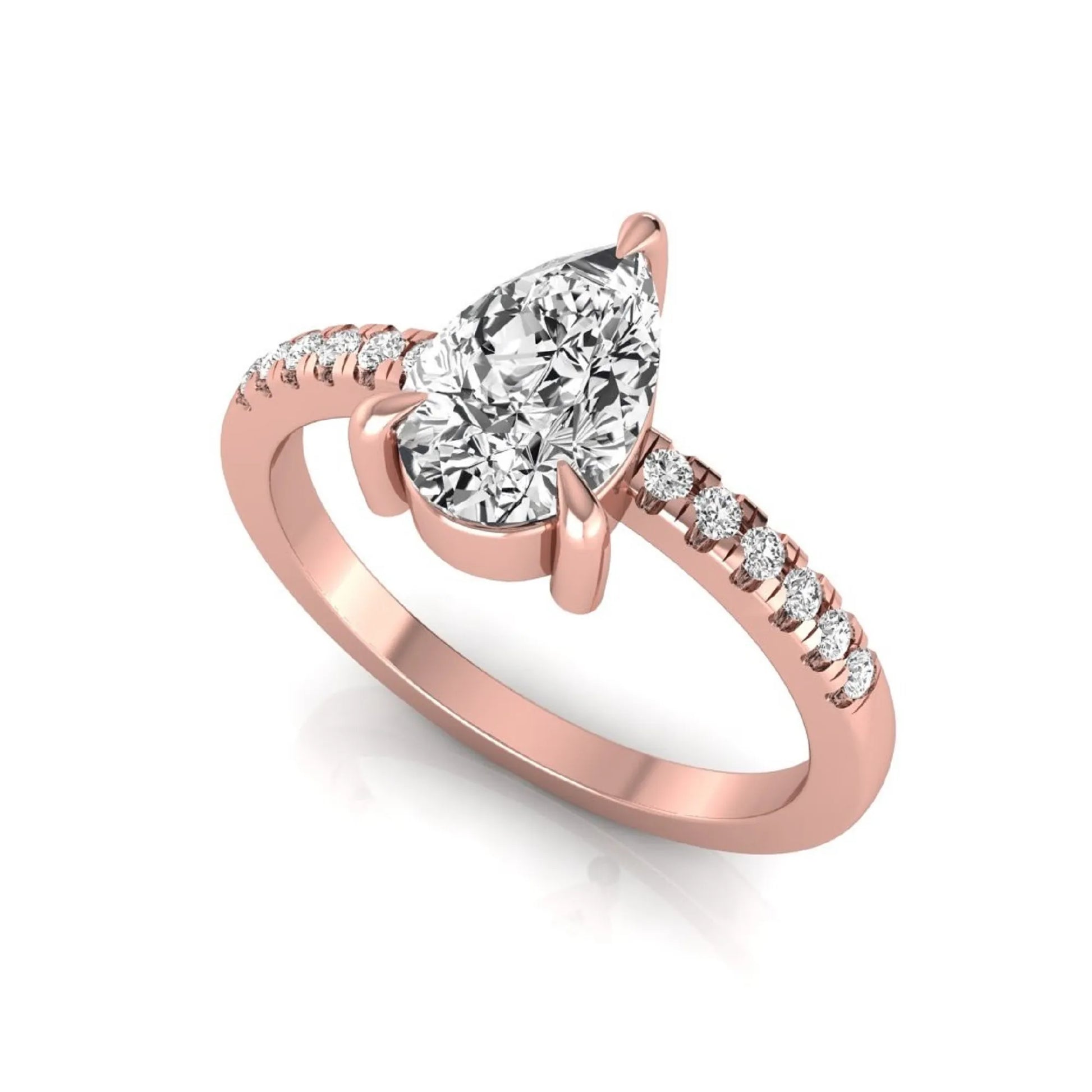 Pear cut lab grown diamond solitaire engagement ring featuring a three-prong setting with a pavé diamond band in rose gold tone.