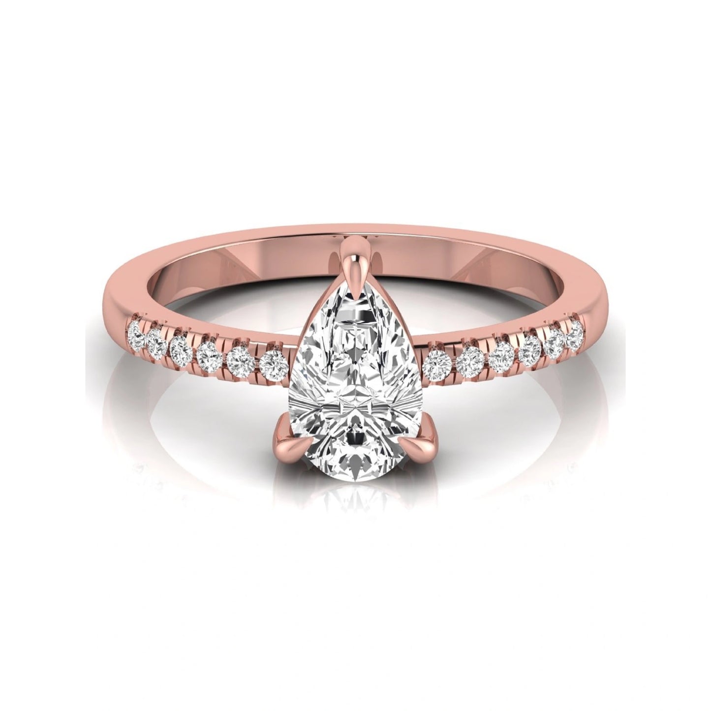 Pear cut lab grown diamond solitaire engagement ring featuring a three-prong setting with a pavé diamond band in rose gold tone.