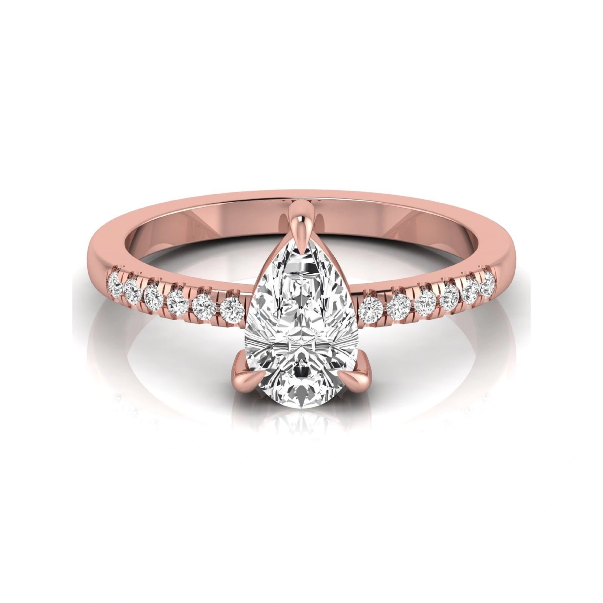 Pear cut lab grown diamond solitaire engagement ring featuring a three-prong setting with a pavé diamond band in rose gold tone.