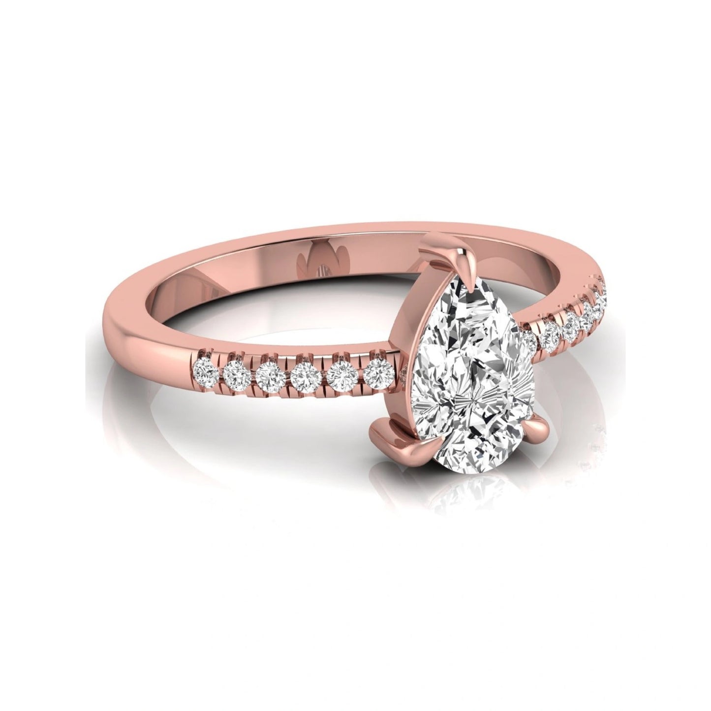 Pear cut lab grown diamond solitaire engagement ring featuring a three-prong setting with a pavé diamond band in rose gold tone.