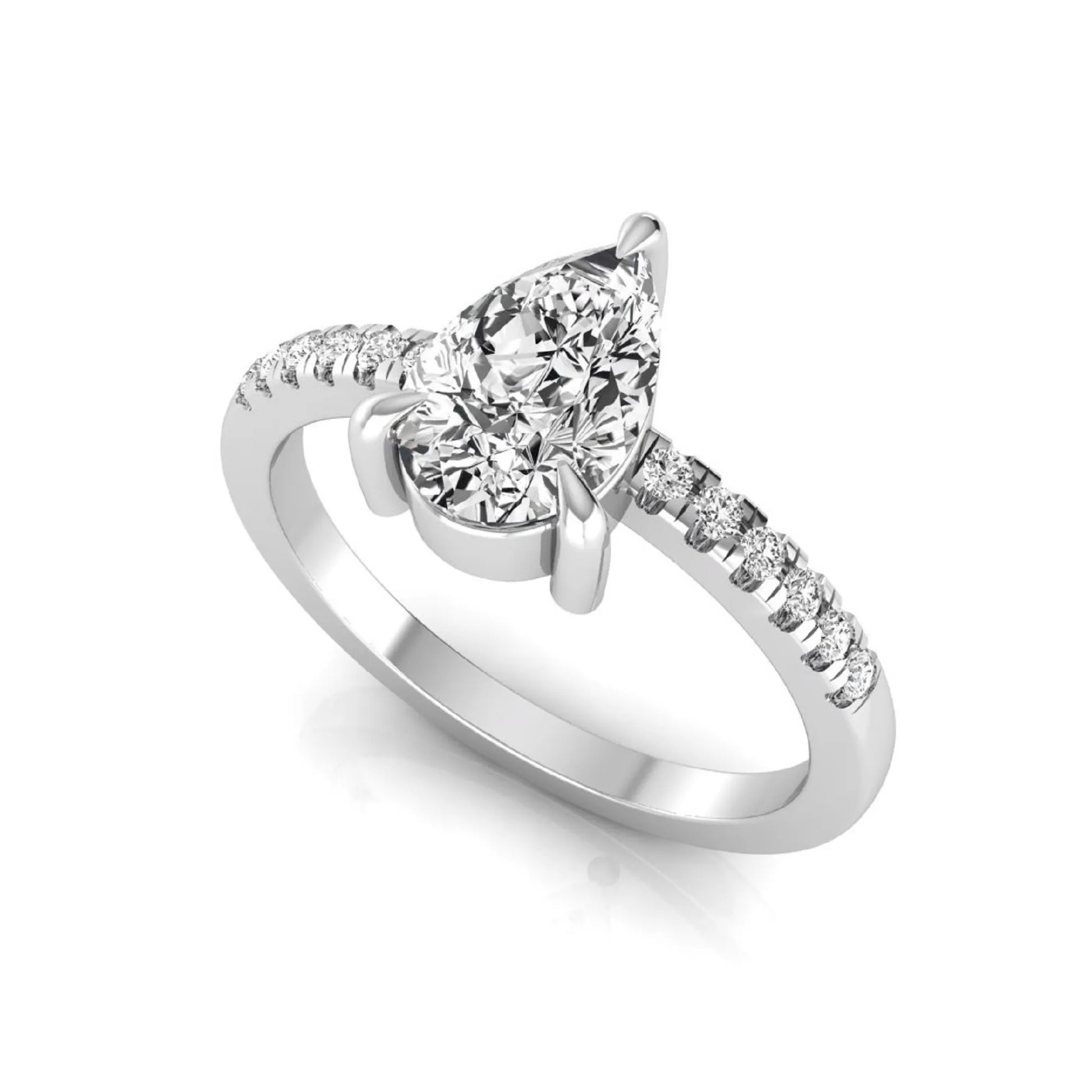 Pear cut lab grown diamond solitaire engagement ring featuring a three-prong setting with a pavé diamond band in white gold tone.
