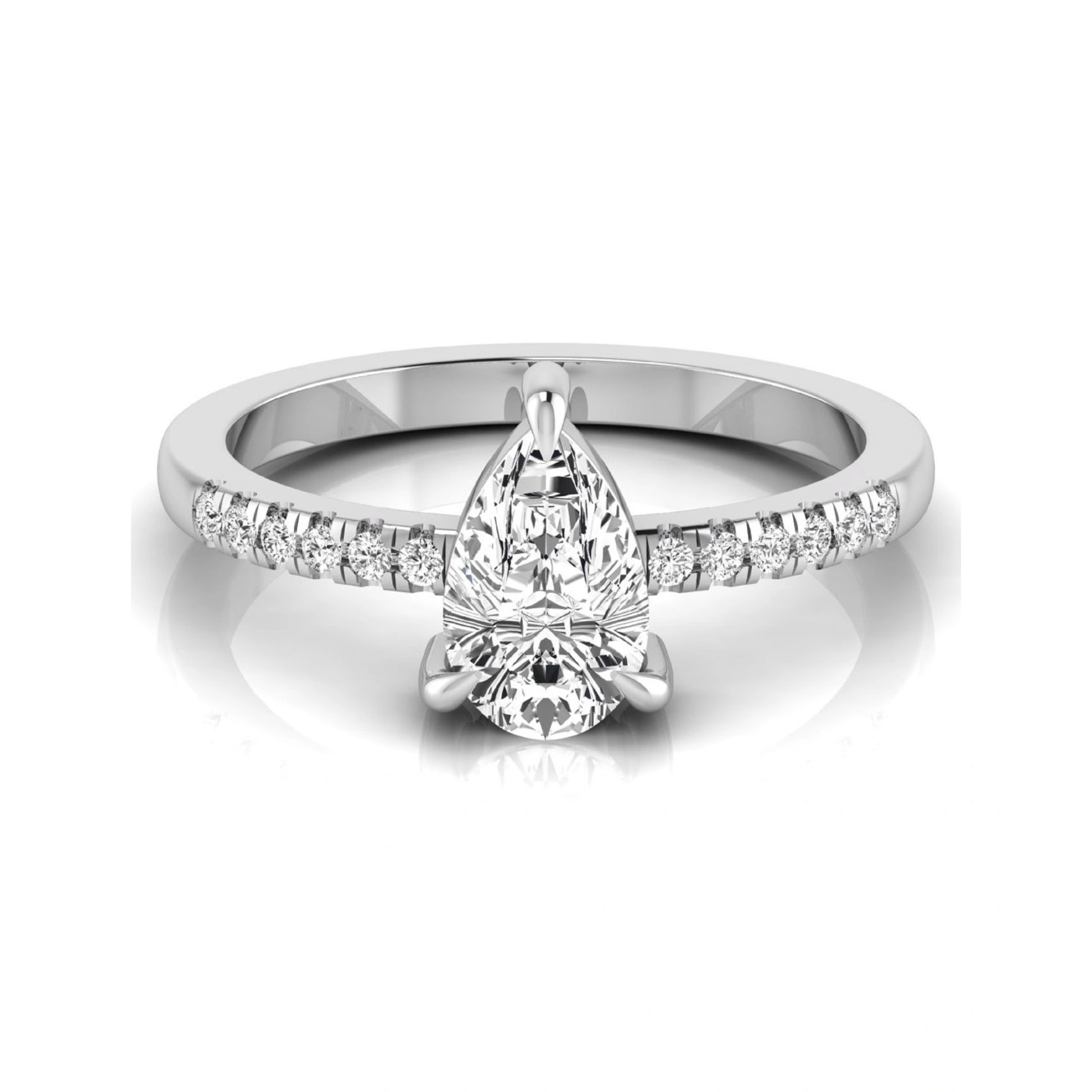 Pear cut lab grown diamond solitaire engagement ring featuring a three-prong setting with a pavé diamond band in white gold tone.