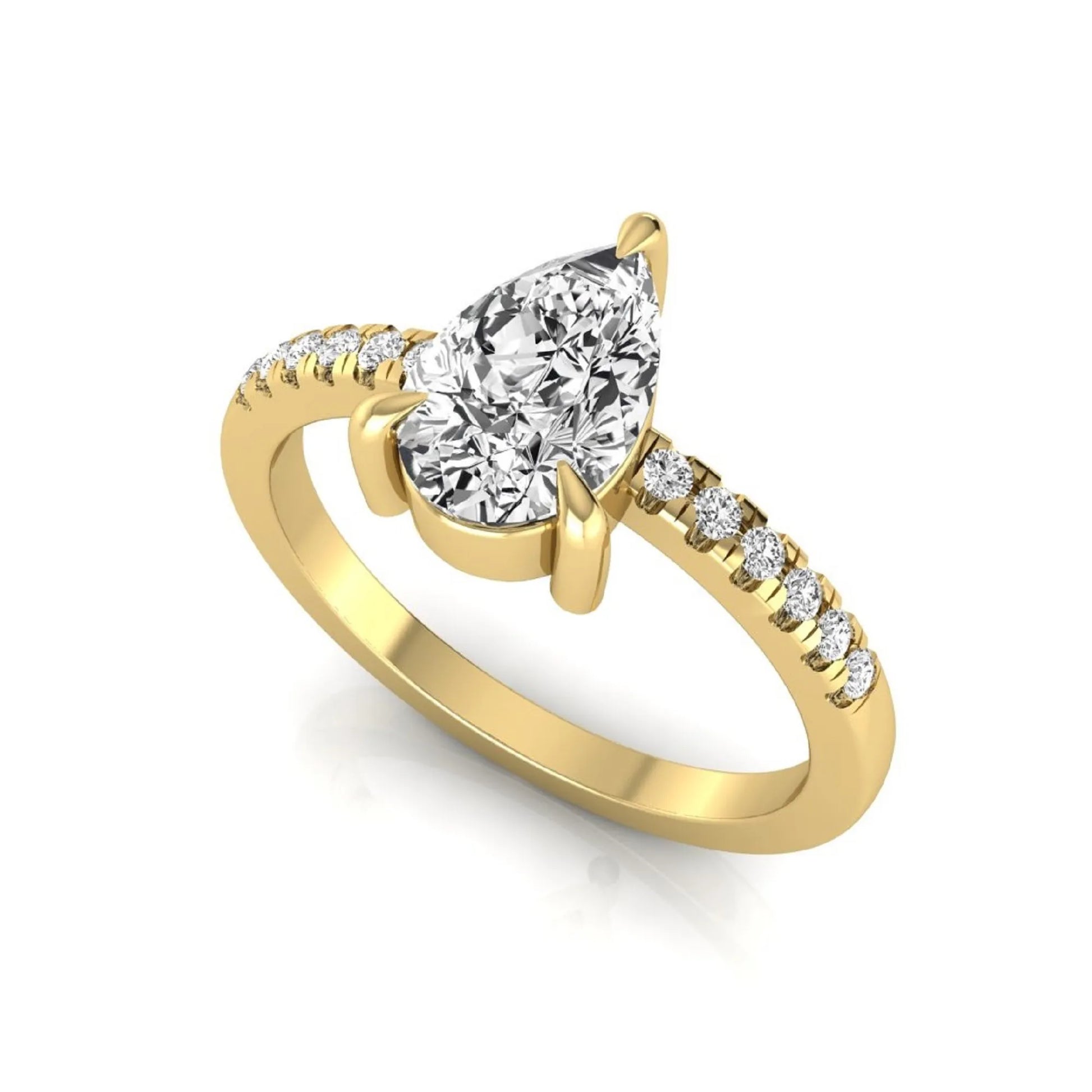 Pear cut lab grown diamond solitaire engagement ring featuring a three-prong setting with a pavé diamond band in yellow gold tone.