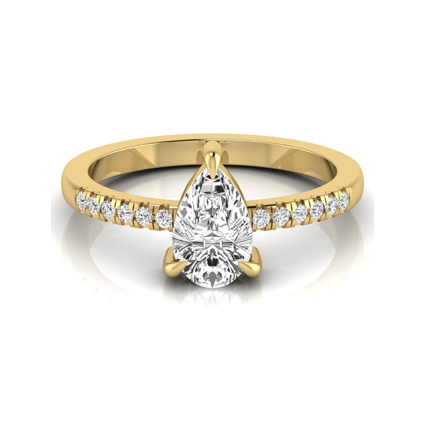Pear cut lab grown diamond solitaire engagement ring featuring a three-prong setting with a pavé diamond band in yellow gold tone.