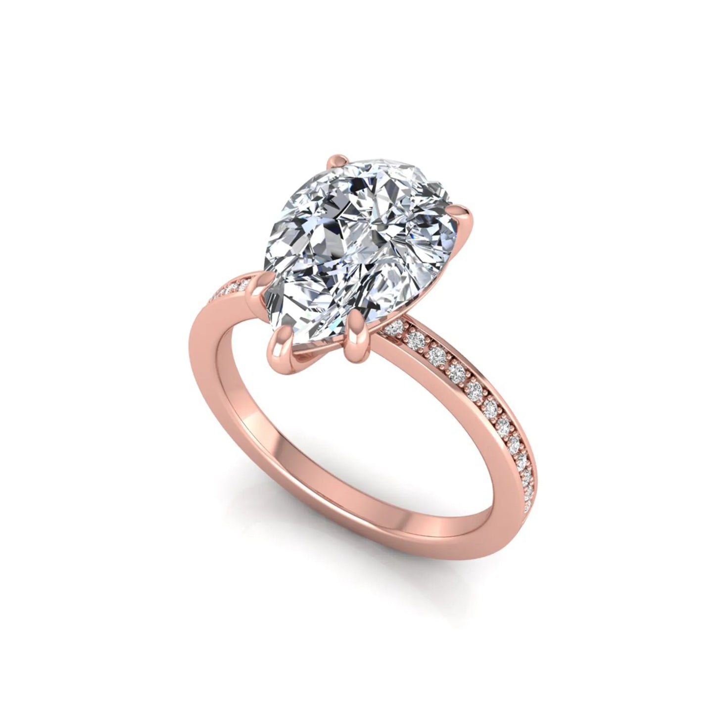 Pear cut lab grown diamond solitaire engagement ring featuring a five-prong setting with a pavé diamond band in rose gold tone.