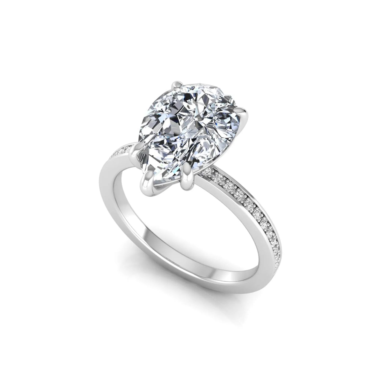 Pear cut lab grown diamond solitaire engagement ring featuring a five-prong setting with a pavé diamond band in white gold tone.