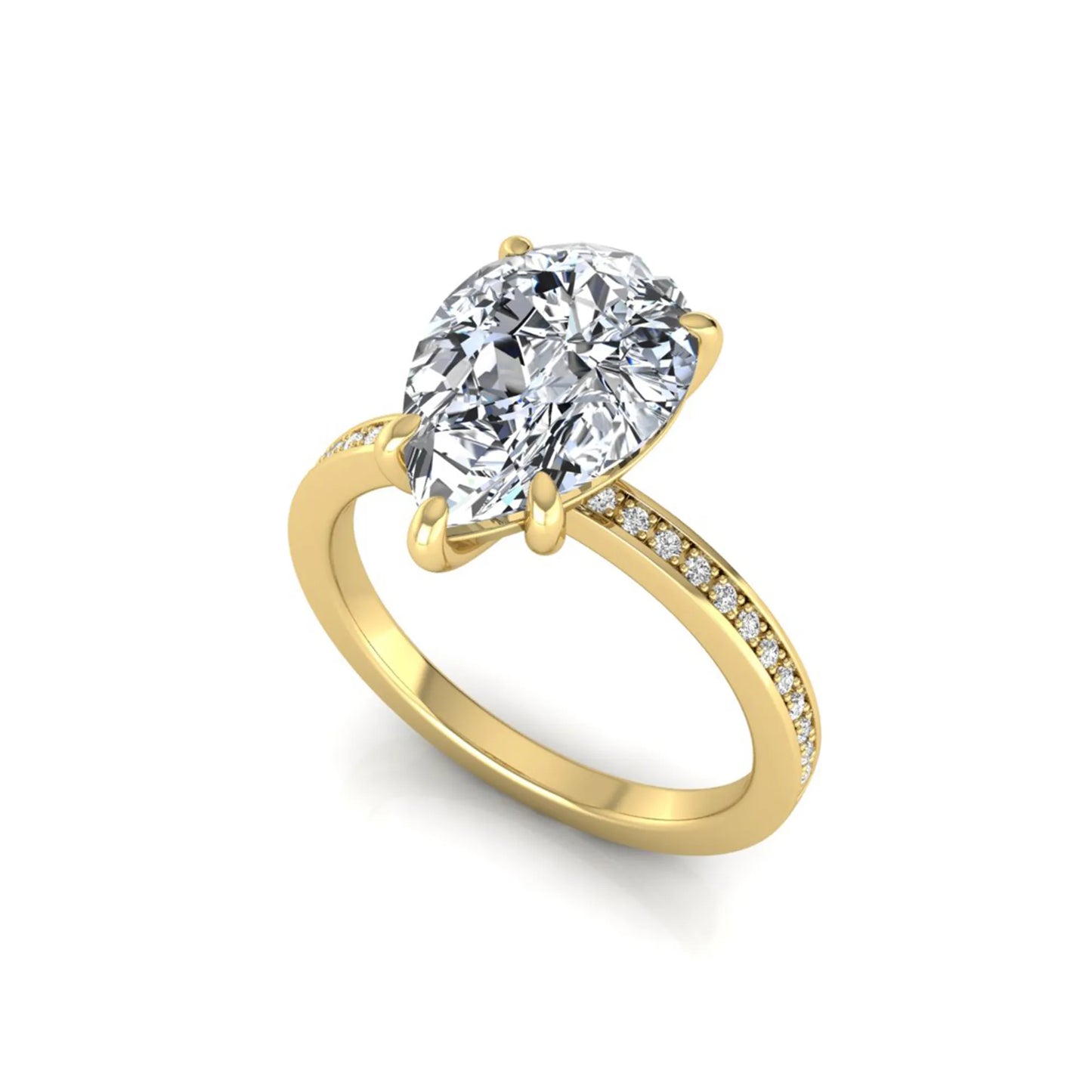 Pear cut lab grown diamond solitaire engagement ring featuring a five-prong setting with a pavé diamond band in yellow gold tone.