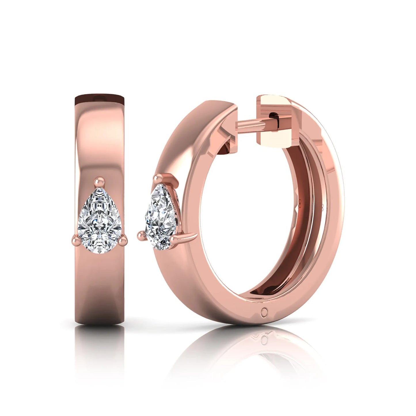 Pear cut lab grown diamond huggie hoop earrings with prong setting and hinged snap closure shown in rose gold tone for display.