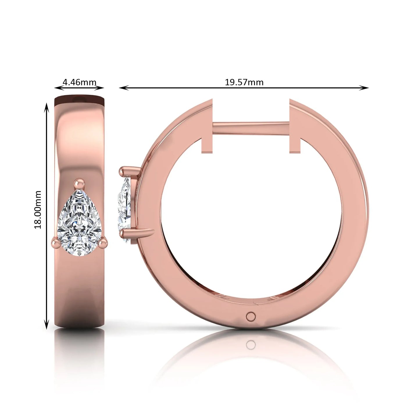 Pear cut lab grown diamond huggie hoop earrings with prong setting and hinged snap closure shown in rose gold tone for display.