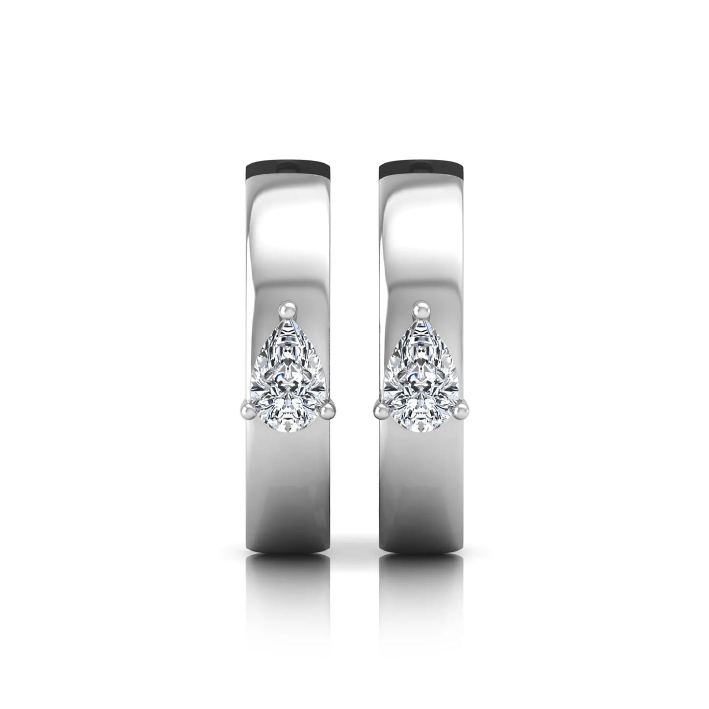 Pear cut lab grown diamond huggie hoop earrings with prong setting and hinged snap closure shown in white gold tone for display.