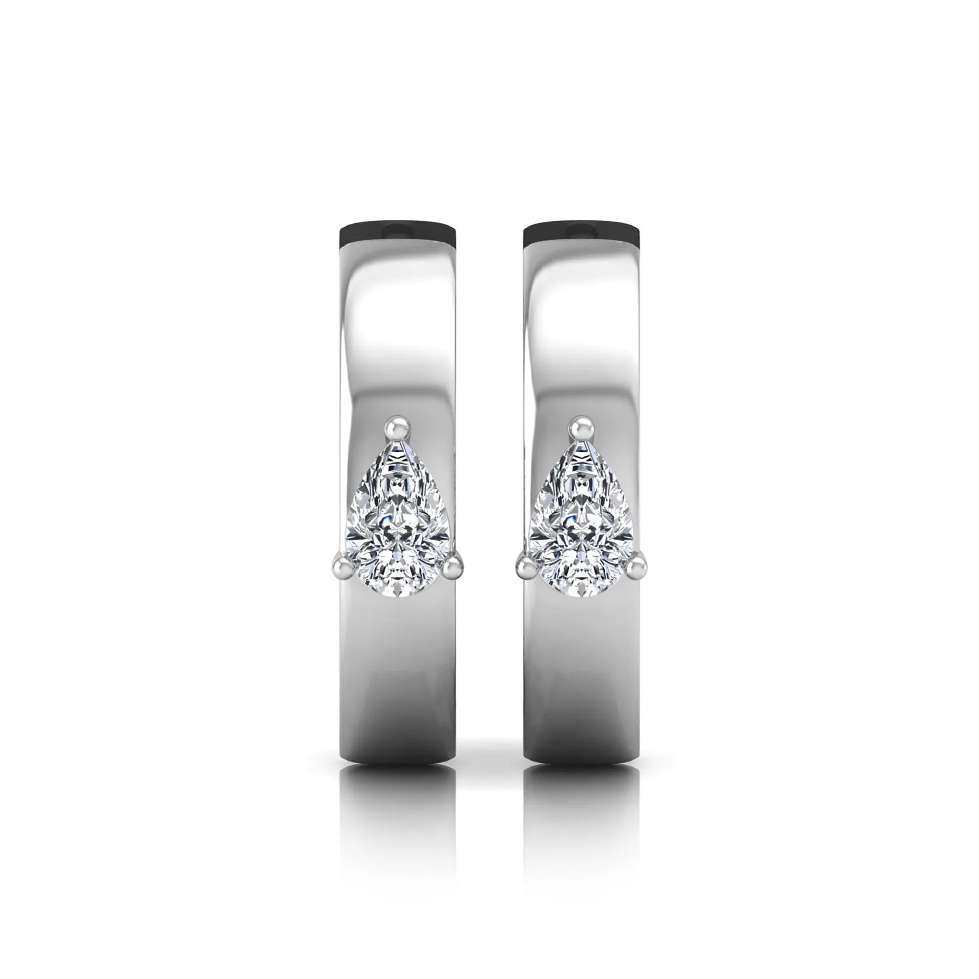 Pear cut lab grown diamond huggie hoop earrings with prong setting and hinged snap closure shown in white gold tone for display.
