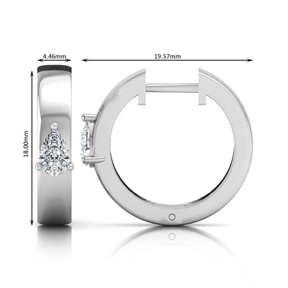 Pear cut lab grown diamond huggie hoop earrings with prong setting and hinged snap closure shown in white gold tone for display.