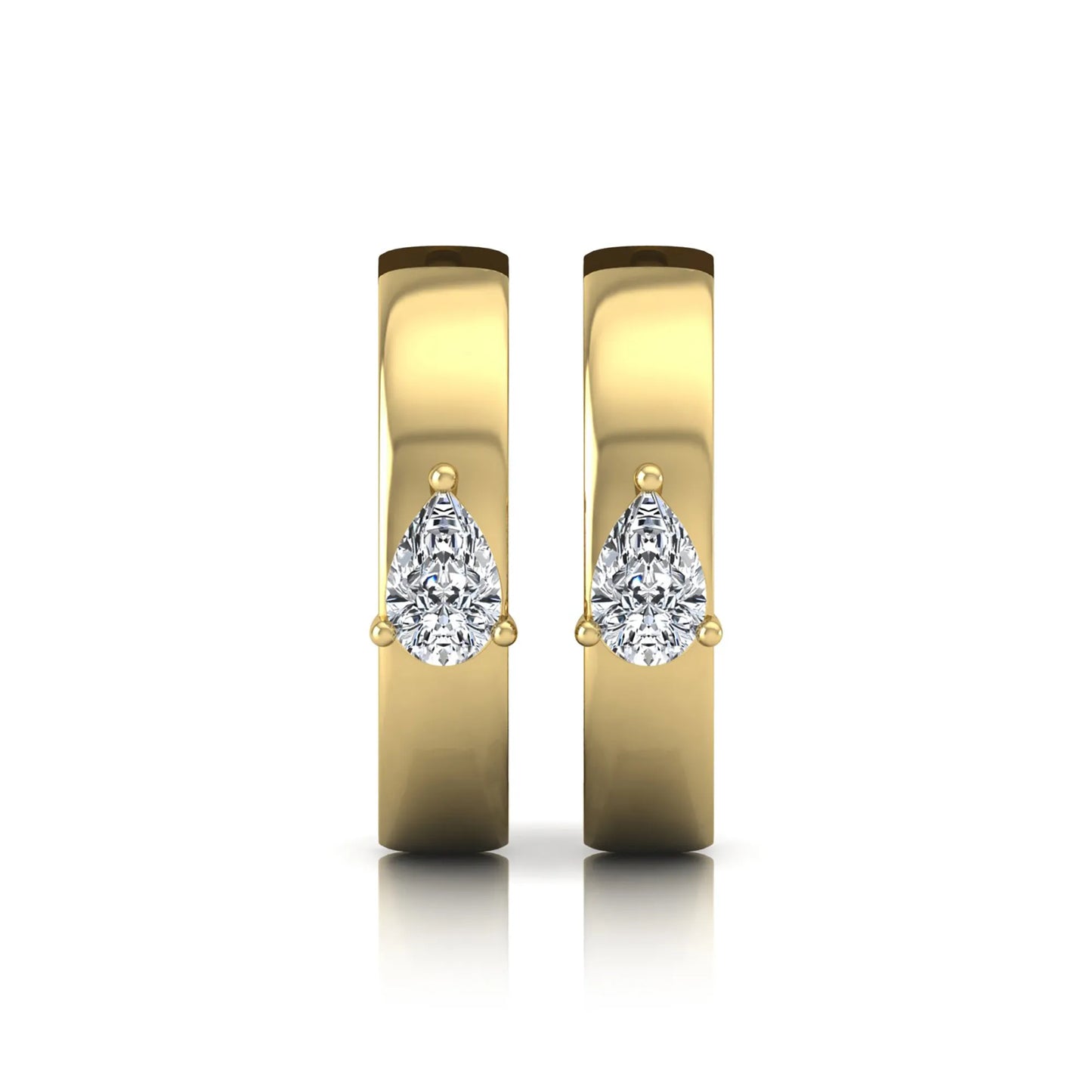 Pear cut lab grown diamond huggie hoop earrings with prong setting and hinged snap closure shown in yellow gold tone for display.